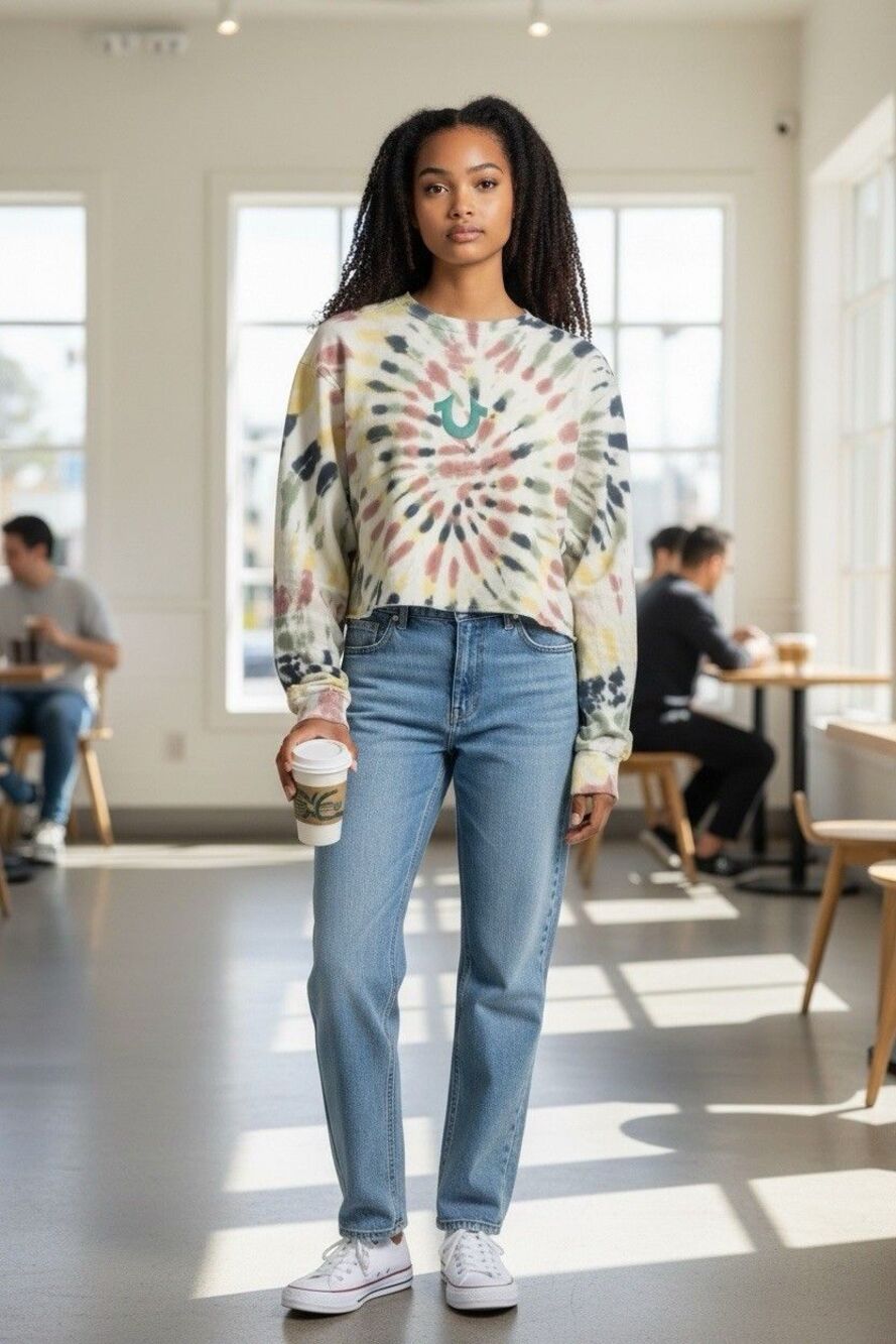 True Religion Tie Dye Crop Relaxed Woman Sweatshirt Size L Casual Active Wear
